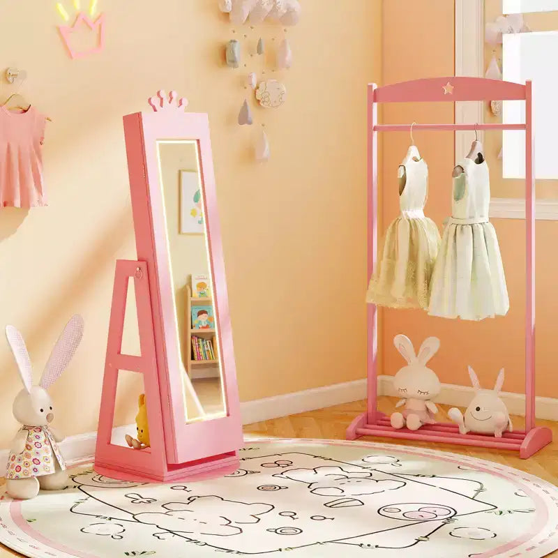 Costway Swivel Kids Jewelry Cabinet w/ Lights Full-Length Mirror & Built-in Mirror