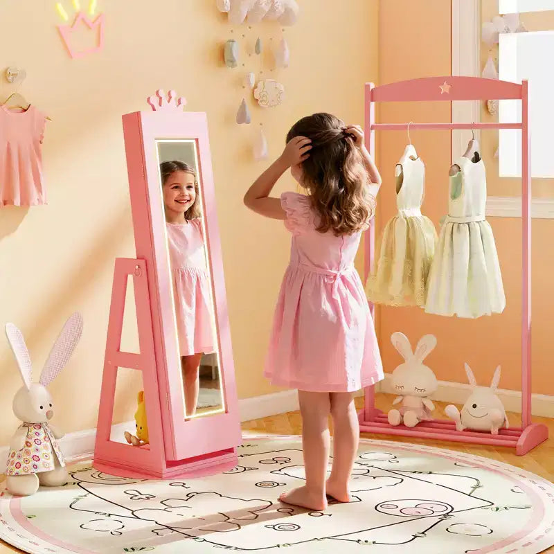 Costway Swivel Kids Jewelry Cabinet w/ Lights Full-Length Mirror & Built-in Mirror