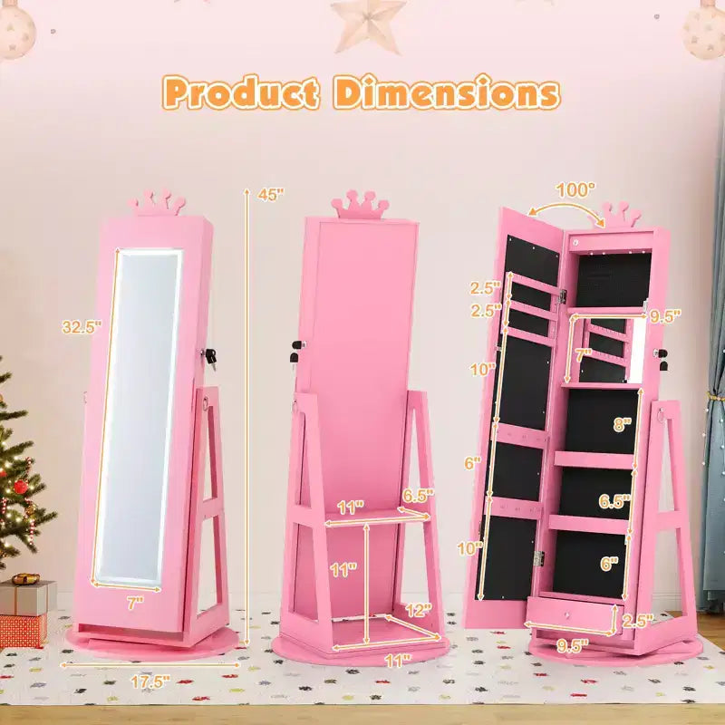 Costway Swivel Kids Jewelry Cabinet w/ Lights Full-Length Mirror & Built-in Mirror