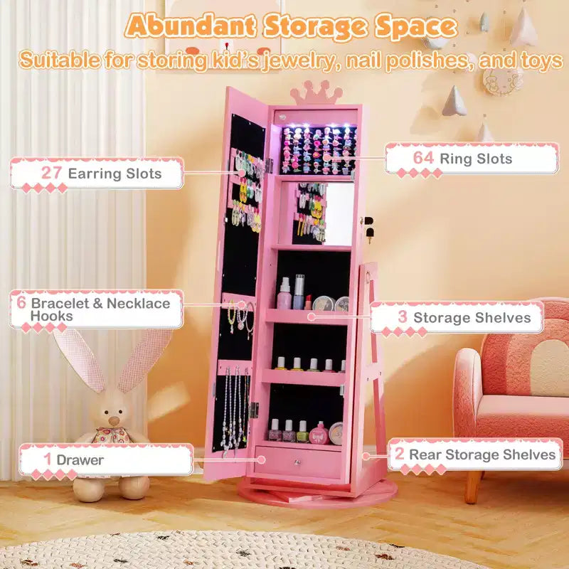 Costway Swivel Kids Jewelry Cabinet w/ Lights Full-Length Mirror & Built-in Mirror