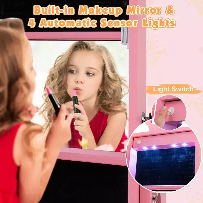 Costway Swivel Kids Jewelry Cabinet w/ Lights Full-Length Mirror & Built-in Mirror