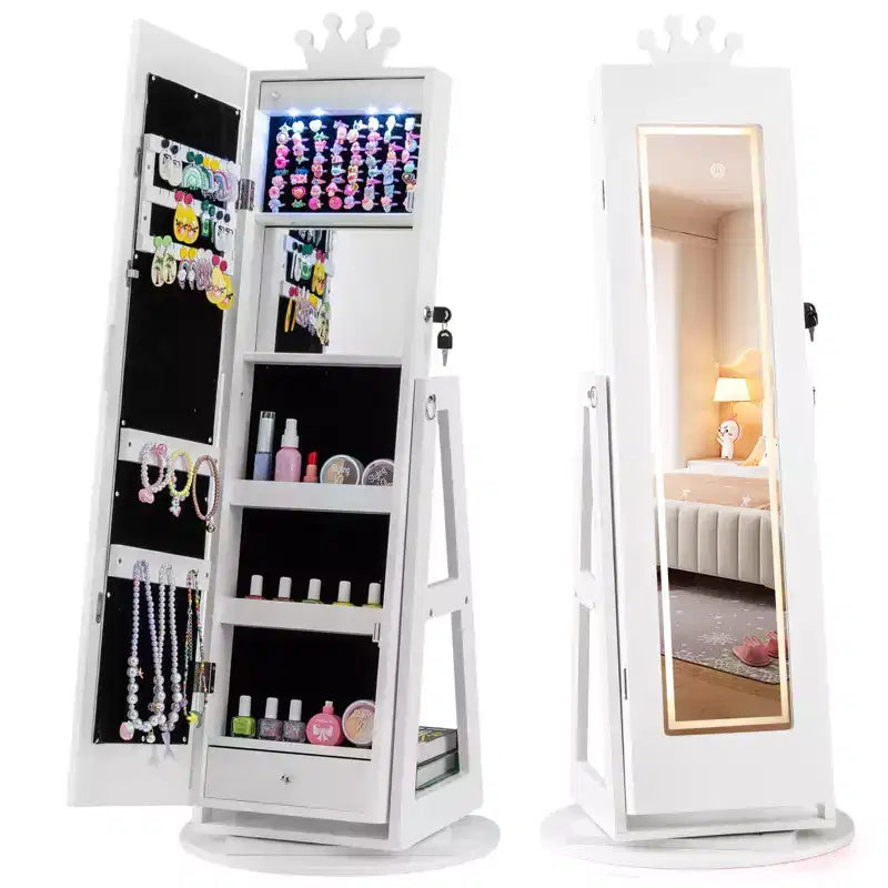 Costway Swivel Kids Jewelry Cabinet w/ Lights Full-Length Mirror & Built-in Mirror