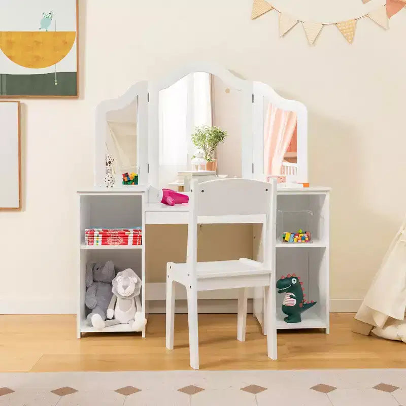 Costway Kids Vanity 2 in 1 Princess Makeup Desk & Chair Set Safe Tri-fold Mirror