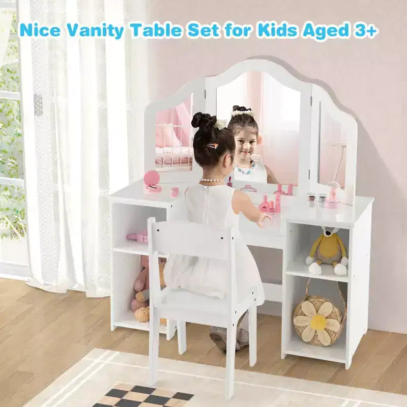 Costway Kids Vanity 2 in 1 Princess Makeup Desk & Chair Set Safe Tri-fold Mirror
