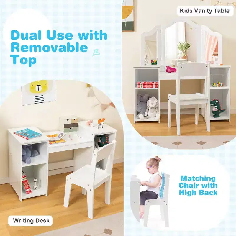Costway Kids Vanity 2 in 1 Princess Makeup Desk & Chair Set Safe Tri-fold Mirror