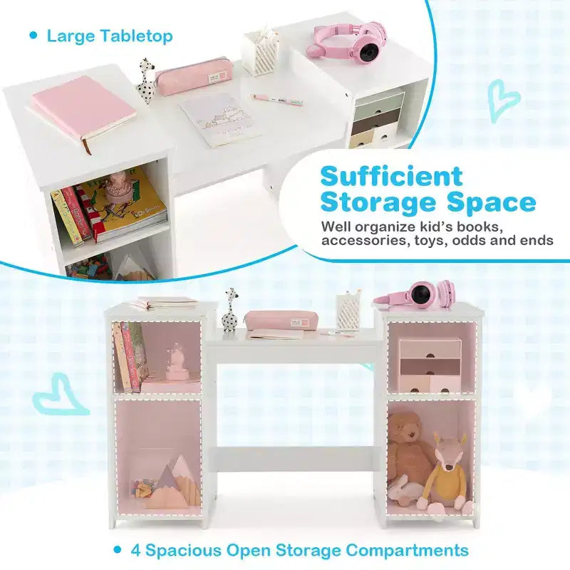 Costway Kids Vanity 2 in 1 Princess Makeup Desk & Chair Set Safe Tri-fold Mirror