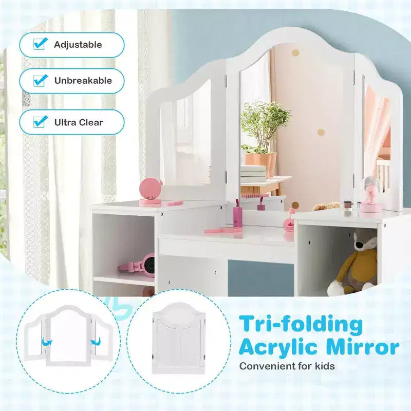 Costway Kids Vanity 2 in 1 Princess Makeup Desk & Chair Set Safe Tri-fold Mirror