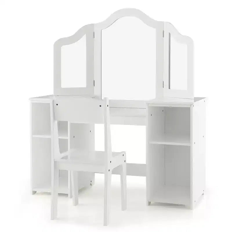 Costway Kids Vanity 2 in 1 Princess Makeup Desk & Chair Set Safe Tri-fold Mirror