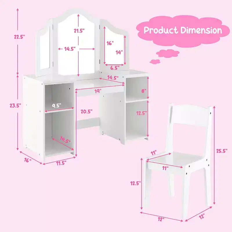 Costway Kids Vanity 2 in 1 Princess Makeup Desk & Chair Set Safe Tri-fold Mirror