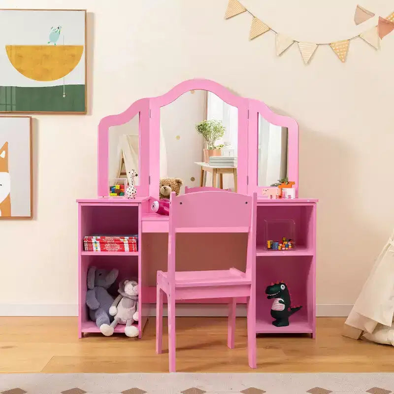 Costway Kids Vanity 2 in 1 Princess Makeup Desk & Chair Set Safe Tri-fold Mirror