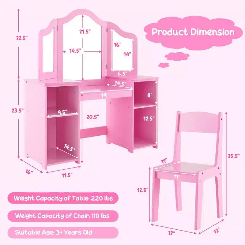 Costway Kids Vanity 2 in 1 Princess Makeup Desk & Chair Set Safe Tri-fold Mirror