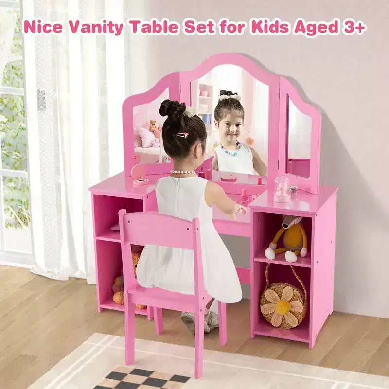 Costway Kids Vanity 2 in 1 Princess Makeup Desk & Chair Set Safe Tri-fold Mirror