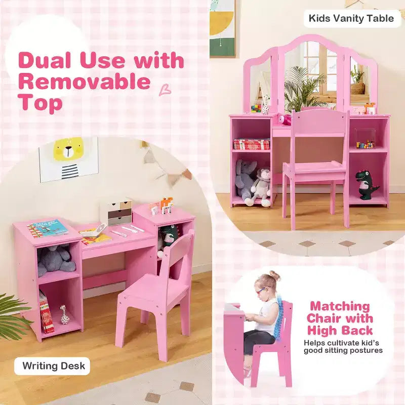 Costway Kids Vanity 2 in 1 Princess Makeup Desk & Chair Set Safe Tri-fold Mirror