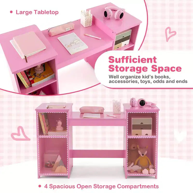 Costway Kids Vanity 2 in 1 Princess Makeup Desk & Chair Set Safe Tri-fold Mirror