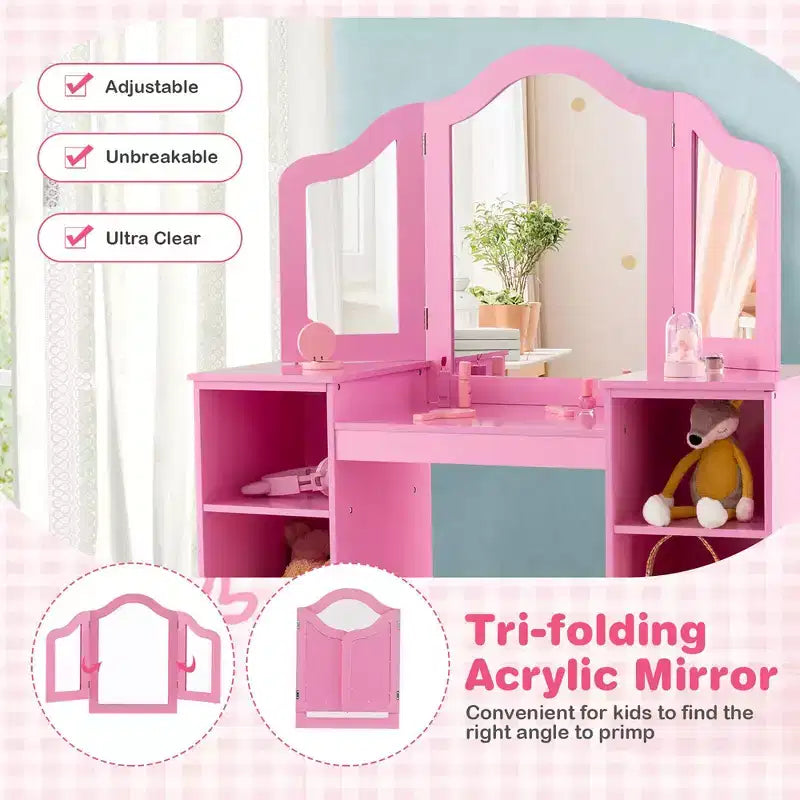 Costway Kids Vanity 2 in 1 Princess Makeup Desk & Chair Set Safe Tri-fold Mirror