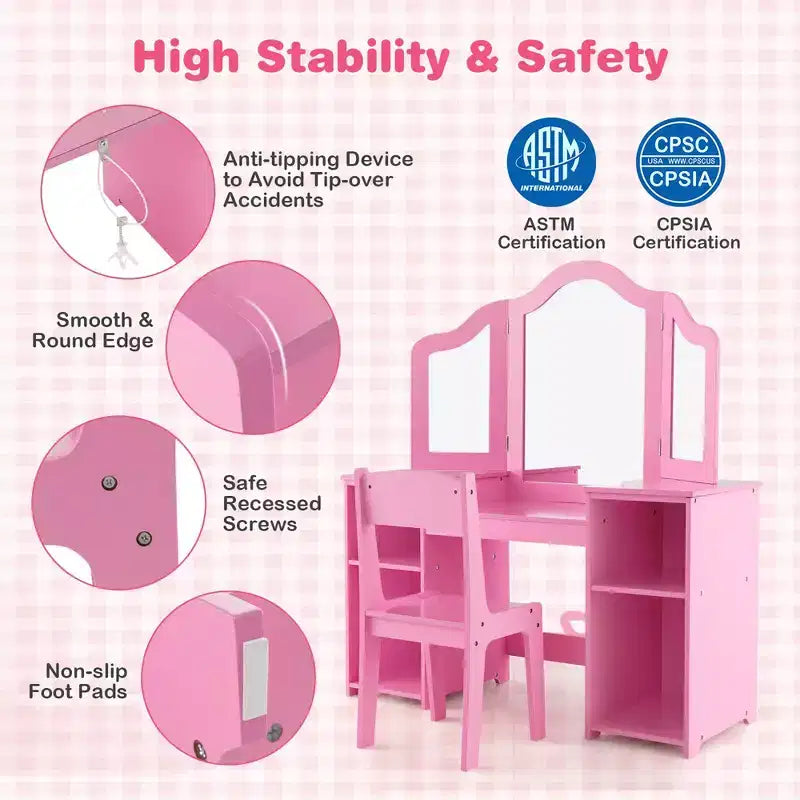 Costway Kids Vanity 2 in 1 Princess Makeup Desk & Chair Set Safe Tri-fold Mirror