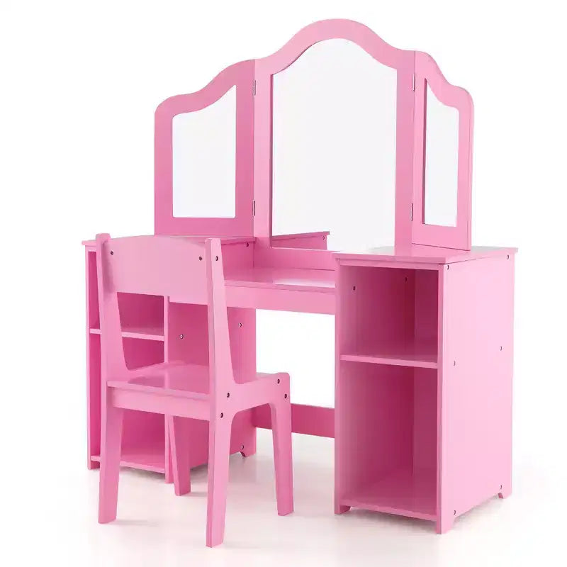 Costway Kids Vanity 2 in 1 Princess Makeup Desk & Chair Set Safe Tri-fold Mirror