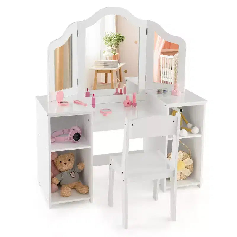 Costway Kids Vanity 2 in 1 Princess Makeup Desk & Chair Set Safe Tri-fold Mirror
