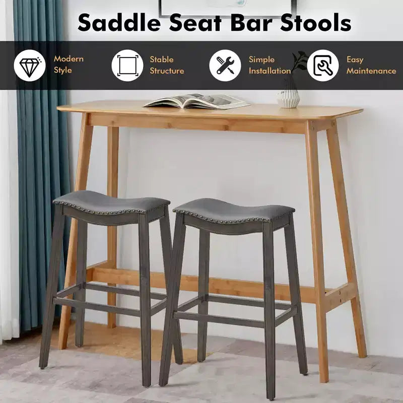 Costway Set of 2 Saddle Bar Stools Bar Height Kitchen Chairs w/ Rubber Wood Legs
