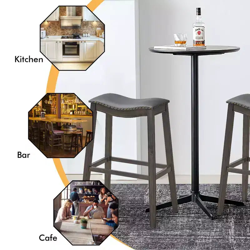 Costway Set of 2 Saddle Bar Stools Bar Height Kitchen Chairs w/ Rubber Wood Legs