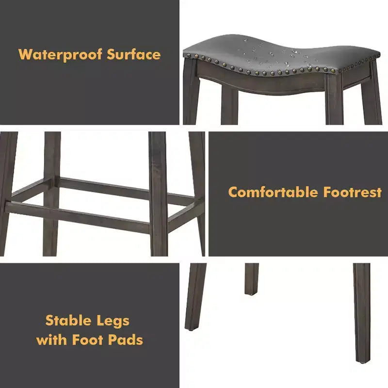 Costway Set of 2 Saddle Bar Stools Bar Height Kitchen Chairs w/ Rubber Wood Legs