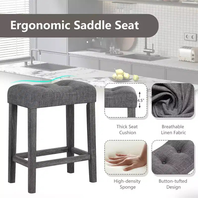 Costway 24 Saddle Bar Stools Set of 2 w/ Footrest Rubber Wood Frame for Kitchen Island