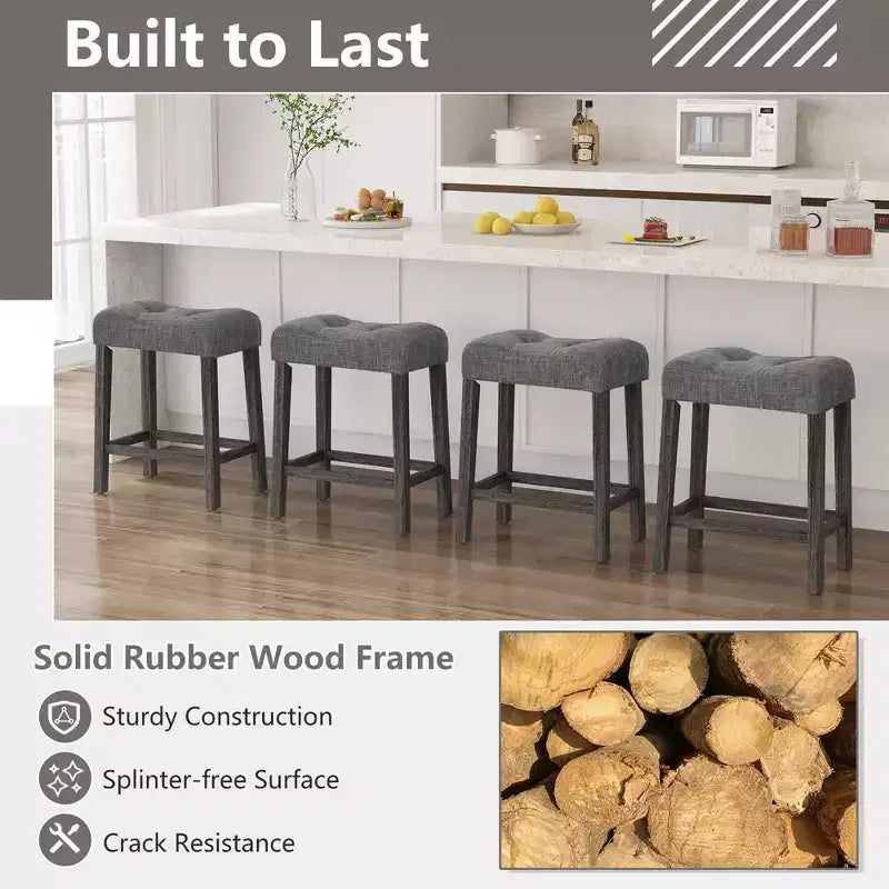 Costway 24 Saddle Bar Stools Set of 2 w/ Footrest Rubber Wood Frame for Kitchen Island
