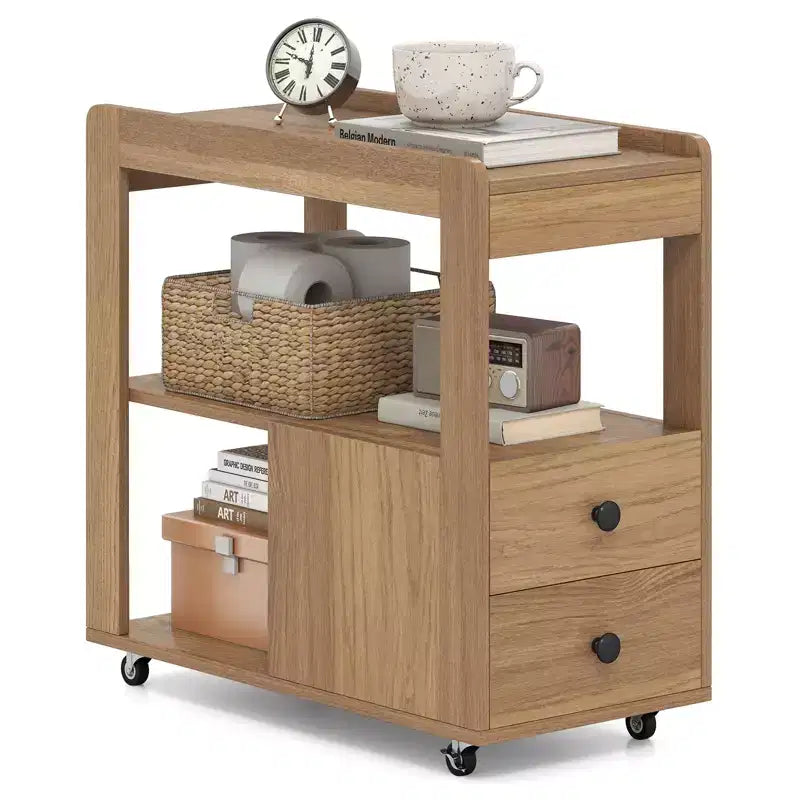 Costway 2 PCS Narrow End Table Modern 2-Drawer Sofa Side Table w/ Open Shelves Nightstand