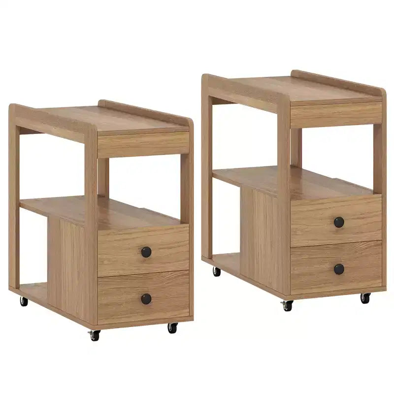 Costway 2 PCS Narrow End Table Modern 2-Drawer Sofa Side Table w/ Open Shelves Nightstand