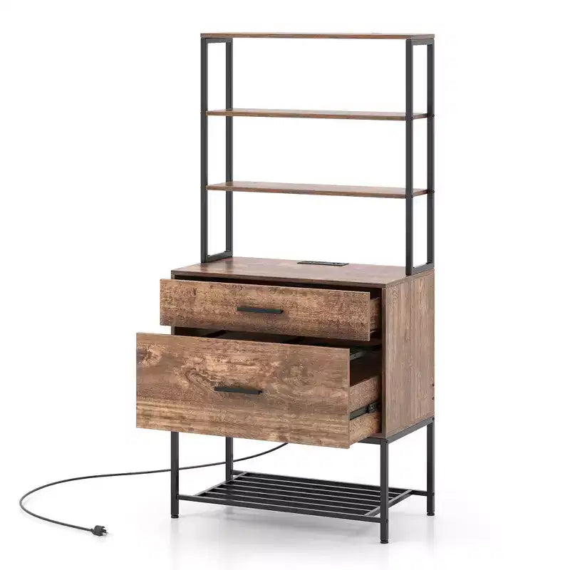 Costway File Cabinet w/ Charging Station 3-Tier Open Shelves & Large Drawer Compatible Rustic Brown