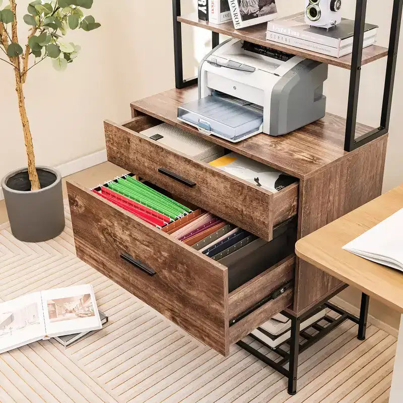 Costway File Cabinet w/ Charging Station 3-Tier Open Shelves & Large Drawer Compatible Rustic Brown