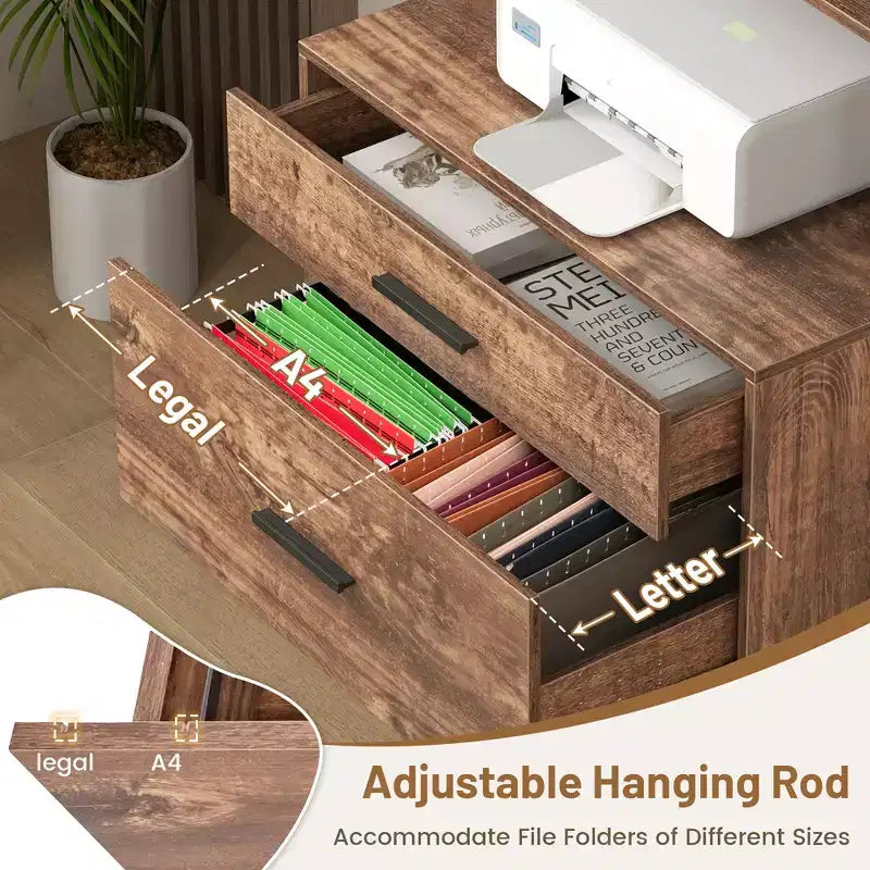 Costway File Cabinet w/ Charging Station 3-Tier Open Shelves & Large Drawer Compatible Rustic Brown