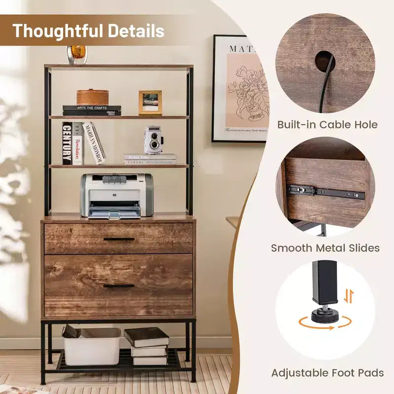 Costway File Cabinet w/ Charging Station 3-Tier Open Shelves & Large Drawer Compatible Rustic Brown