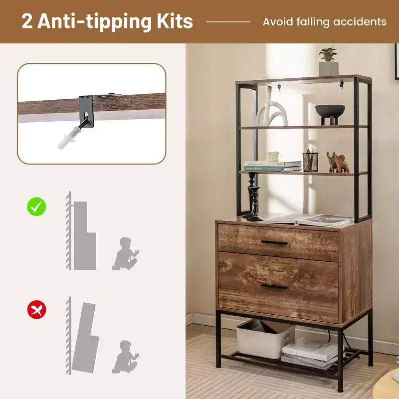 Costway File Cabinet w/ Charging Station 3-Tier Open Shelves & Large Drawer Compatible Rustic Brown
