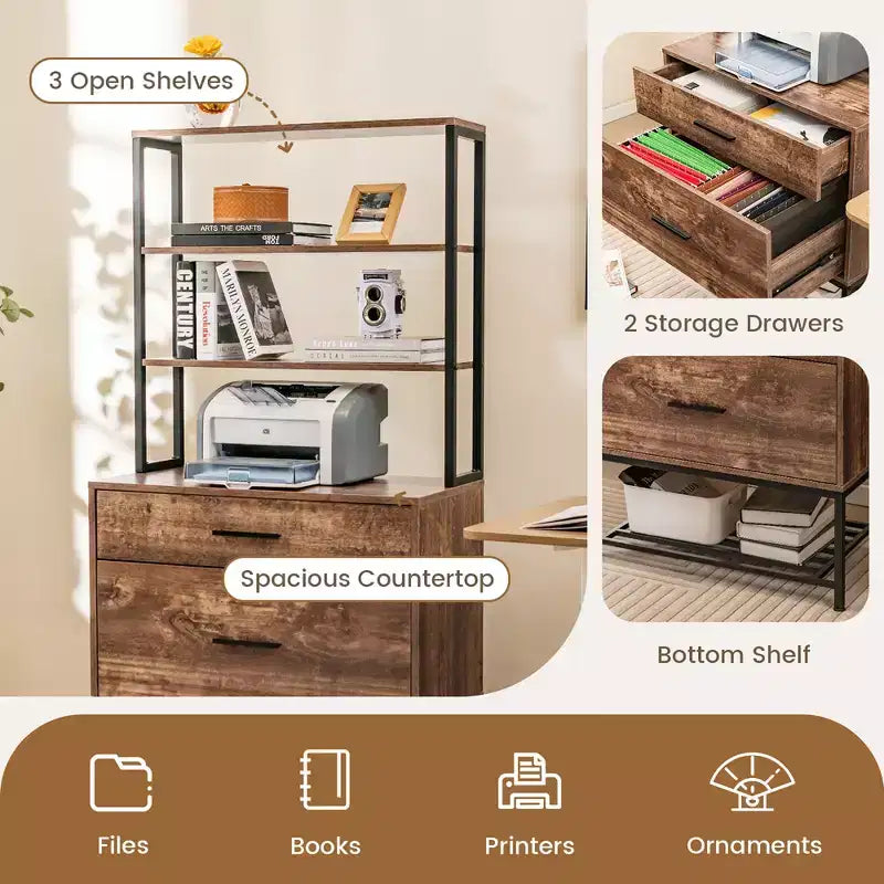 Costway File Cabinet w/ Charging Station 3-Tier Open Shelves & Large Drawer Compatible Rustic Brown