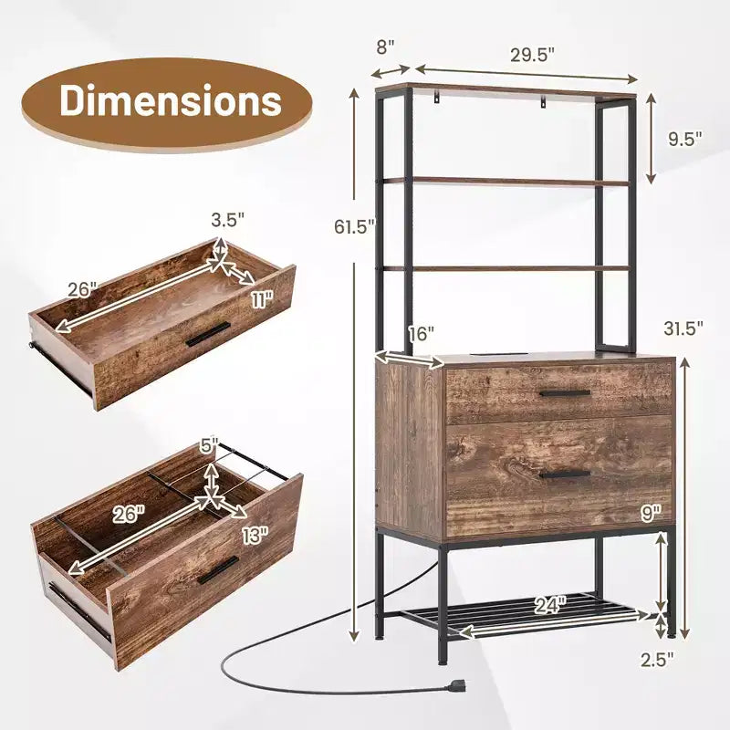 Costway File Cabinet w/ Charging Station 3-Tier Open Shelves & Large Drawer Compatible Rustic Brown