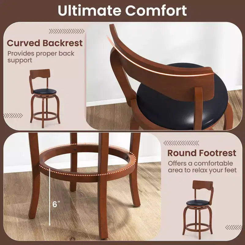 Costway 24 Swivel Bar Stools Set of 4 w/ Rubber Wood Frame Upholstered Seat Footrest