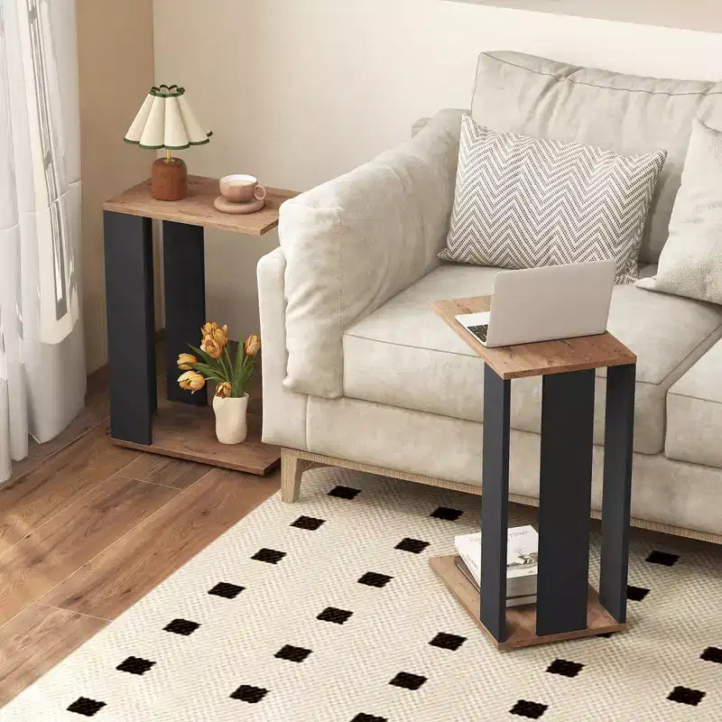 Costway 2PCS 2-Tier C Shaped Side Table w/ Universal Wheels & Shelf for Small Space