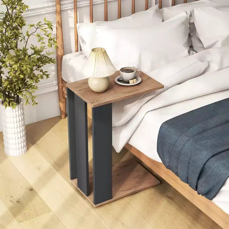 Costway 2PCS 2-Tier C Shaped Side Table w/ Universal Wheels & Shelf for Small Space