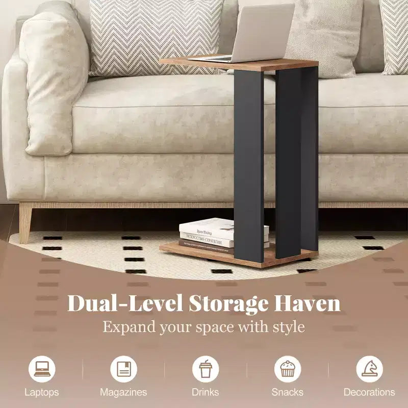 Costway 2PCS 2-Tier C Shaped Side Table w/ Universal Wheels & Shelf for Small Space