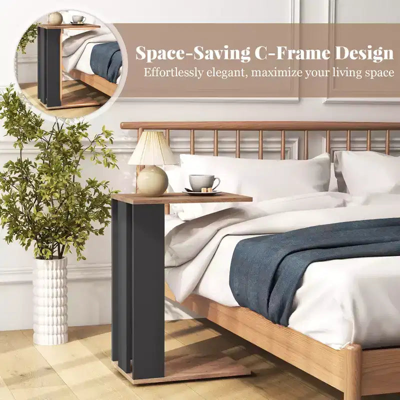 Costway 2PCS 2-Tier C Shaped Side Table w/ Universal Wheels & Shelf for Small Space