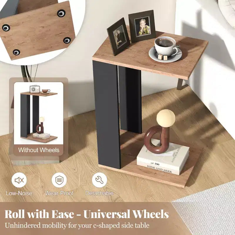 Costway 2PCS 2-Tier C Shaped Side Table w/ Universal Wheels & Shelf for Small Space