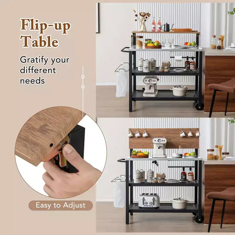 Costway Rolling Bar Cart w/ Flip-up Table Hooks Paper Towel Holder 2 Bistro Stools