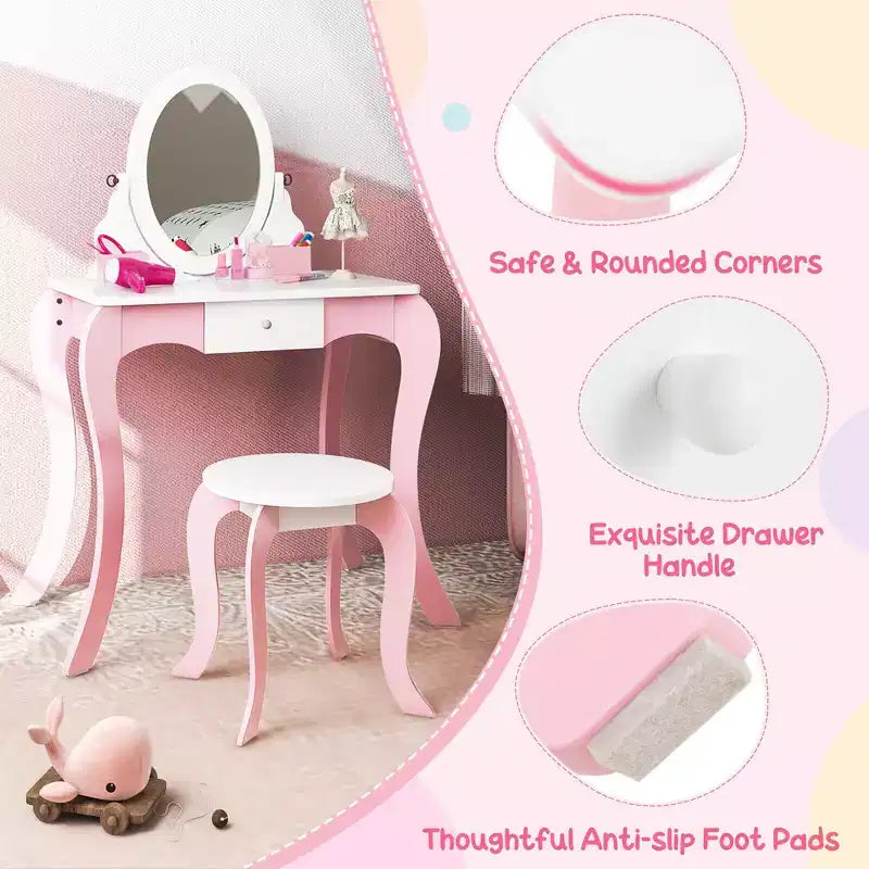 Costway Pretend Kids Vanity Set Makeup Dressing Table 2-in-1 Mirror & Whiteboard