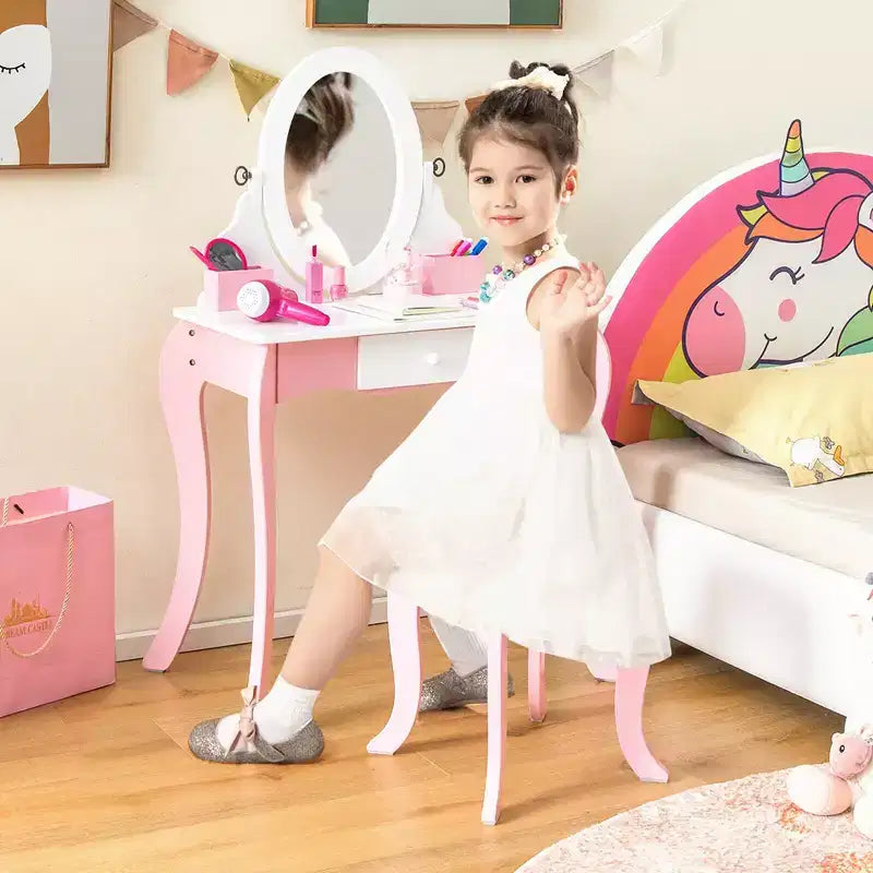 Costway Pretend Kids Vanity Set Makeup Dressing Table 2-in-1 Mirror & Whiteboard