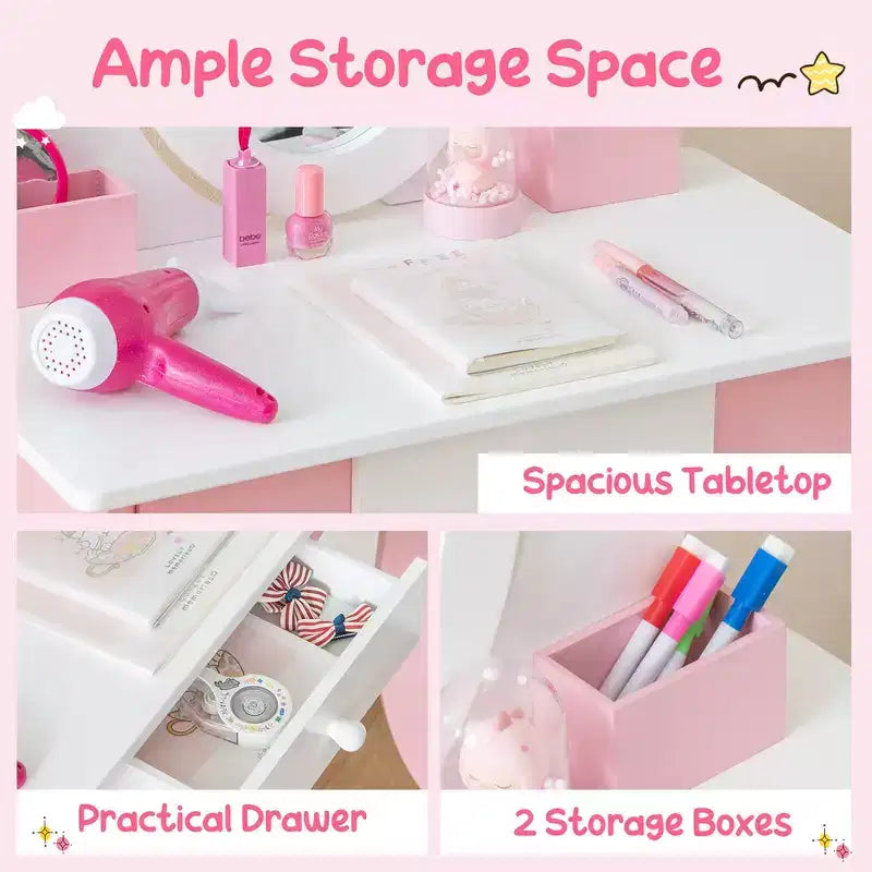 Costway Pretend Kids Vanity Set Makeup Dressing Table 2-in-1 Mirror & Whiteboard
