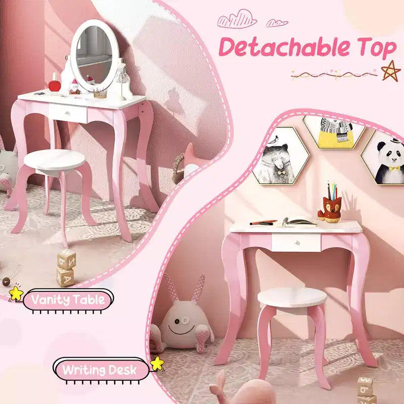 Costway Pretend Kids Vanity Set Makeup Dressing Table 2-in-1 Mirror & Whiteboard