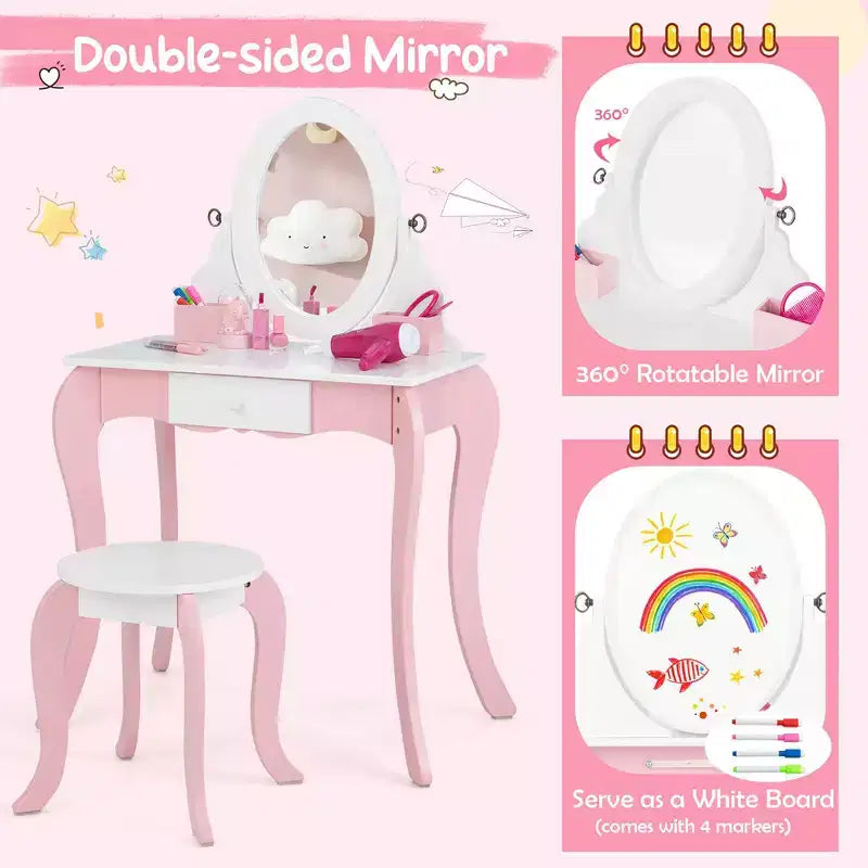 Costway Pretend Kids Vanity Set Makeup Dressing Table 2-in-1 Mirror & Whiteboard