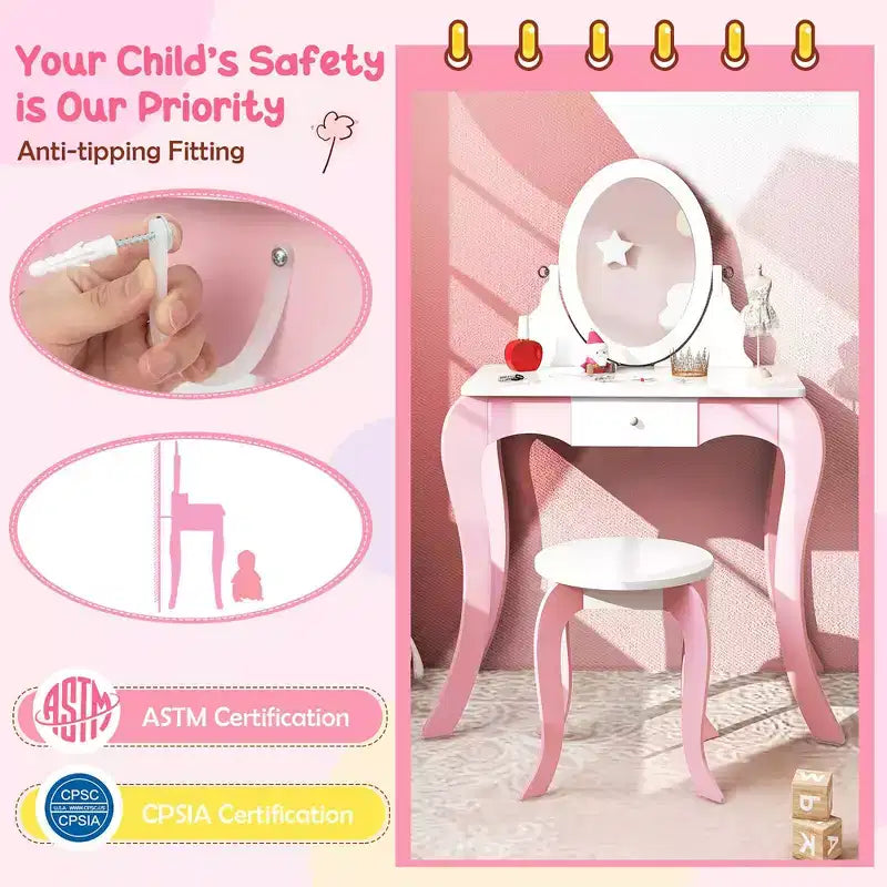 Costway Pretend Kids Vanity Set Makeup Dressing Table 2-in-1 Mirror & Whiteboard