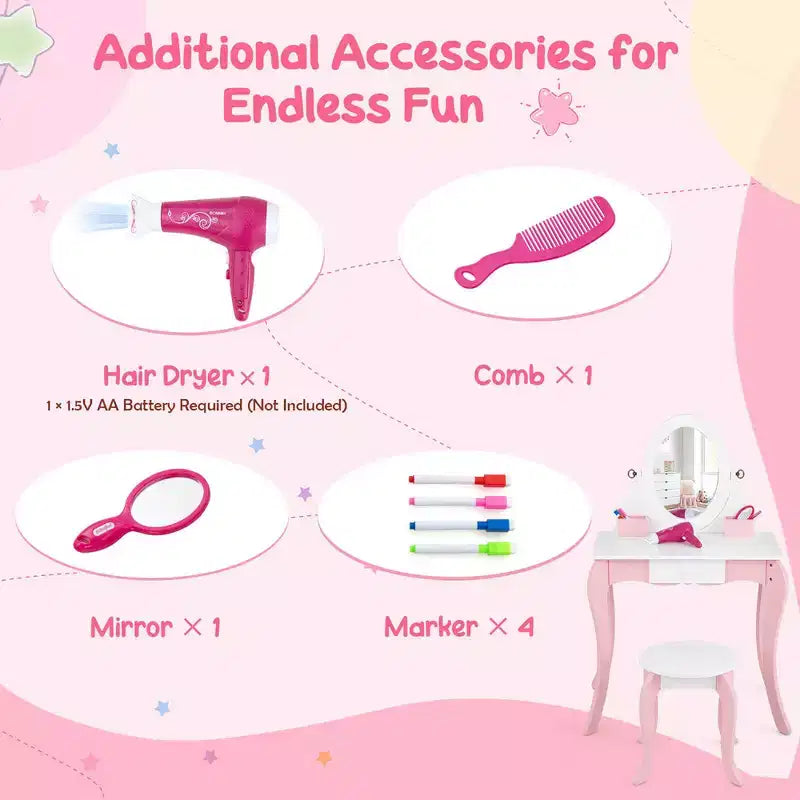 Costway Pretend Kids Vanity Set Makeup Dressing Table 2-in-1 Mirror & Whiteboard
